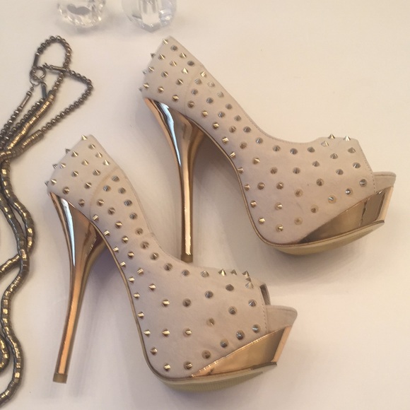 Alba Shoes - Alba New Cream &Gold Spikes 6”Platform Gold Heels